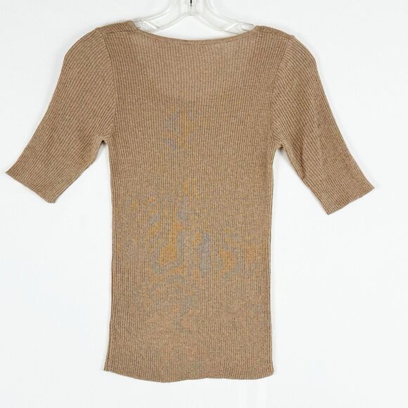 Women’s Ribbed Knit Top Shiny Metallic Stretch Scoop Neck Half Sleeve BM M - Picture 3 of 12